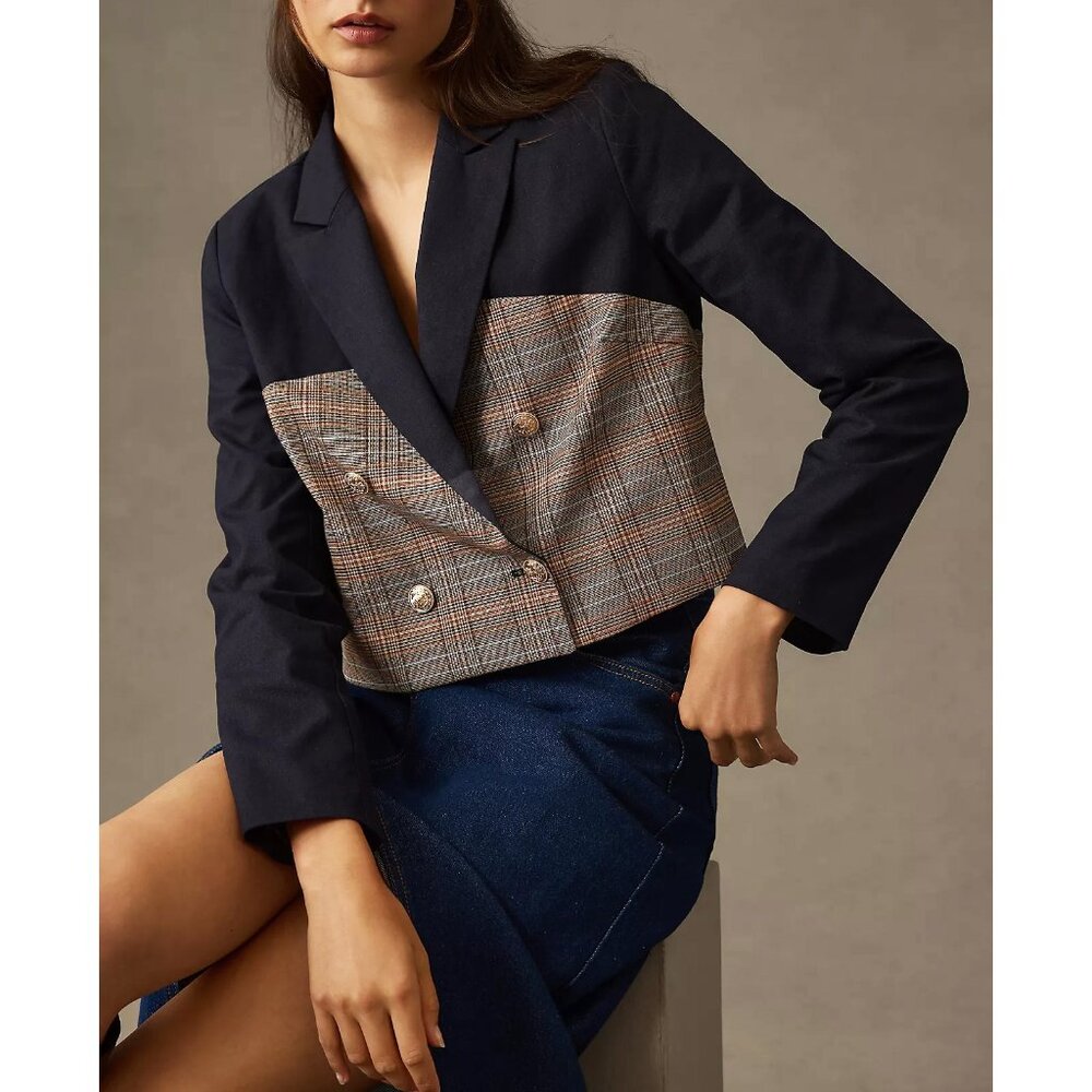 New Jason Wu Plaid Colorblock Linen Blend Blazer Navy Large $320